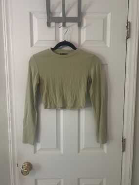 Cropped Long-Sleeve Crewneck Top - Olive Green